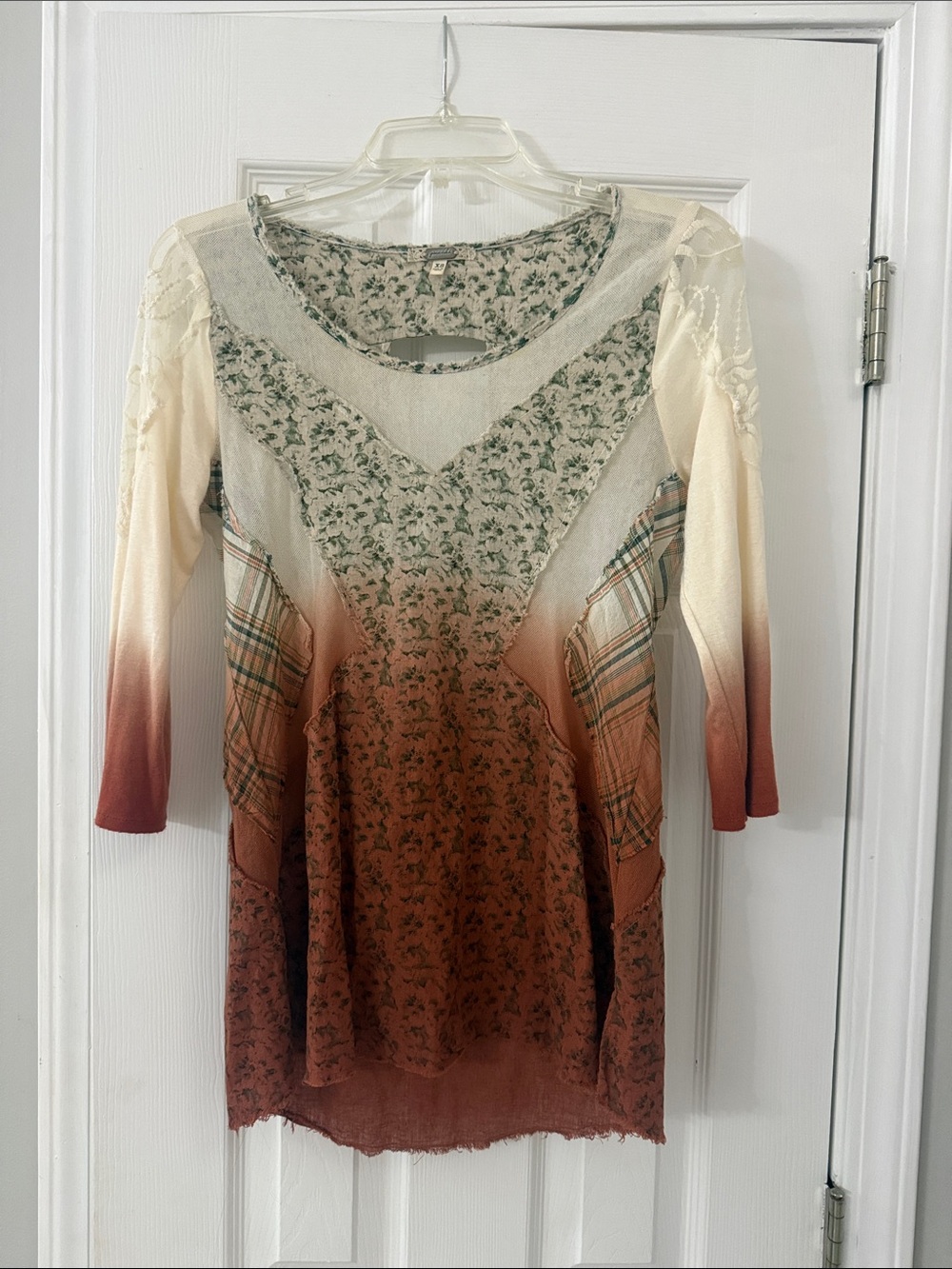 gimmicks Cream to Rust Ombre Floral & Plaid Long-Sleeve Tunic